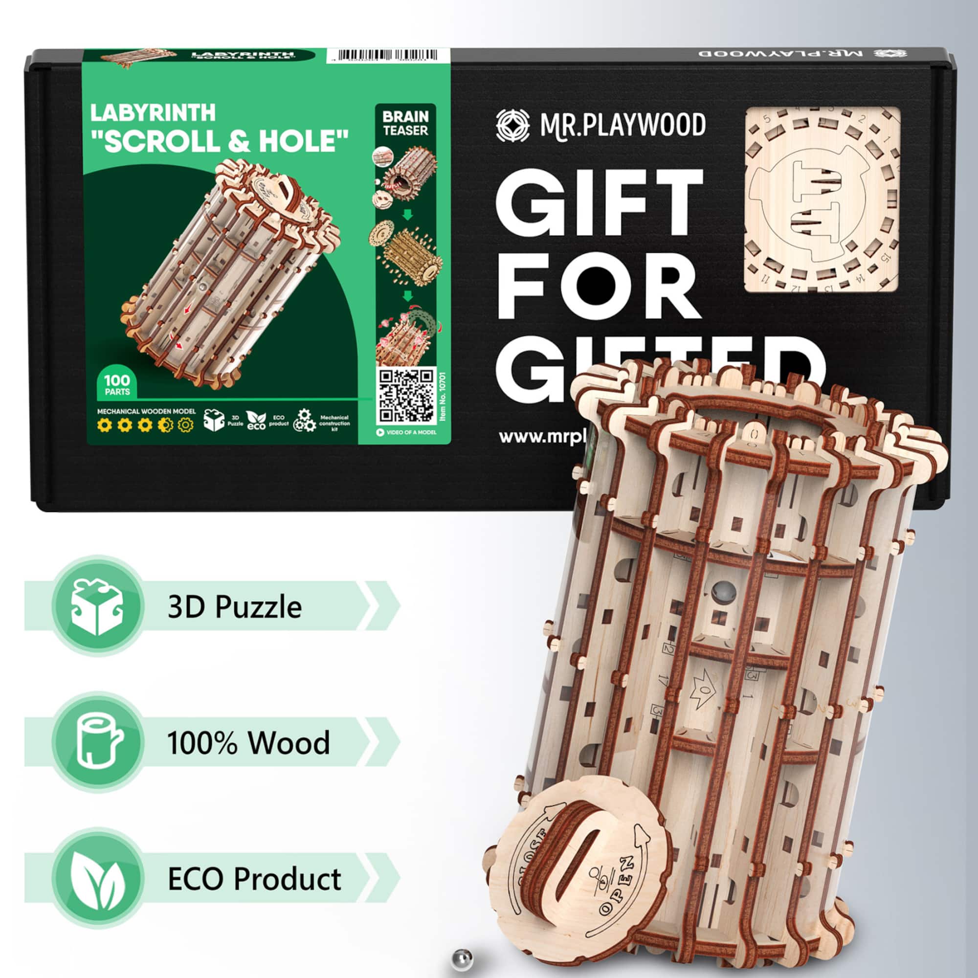 Mr. Playwood Labyrinth Scroll & Hole 3D Wooden STEM Puzzle